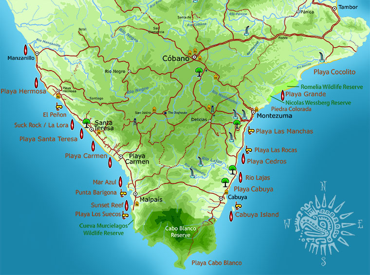 Map of all the beaches in Malpais, Santa Teresa, Montezuma, and Cabuya